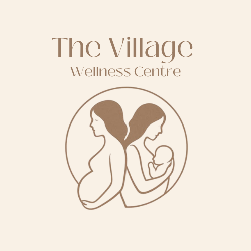 The Village logo, two women back to back one pregnant one holding a baby